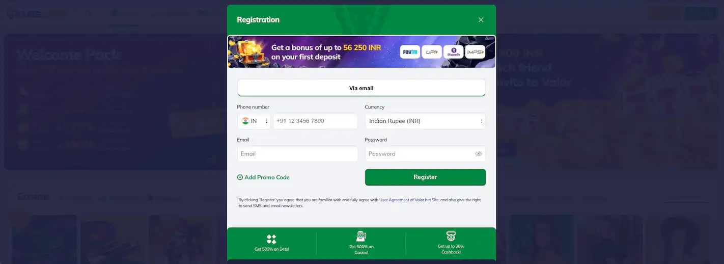 valor Bet register account in India