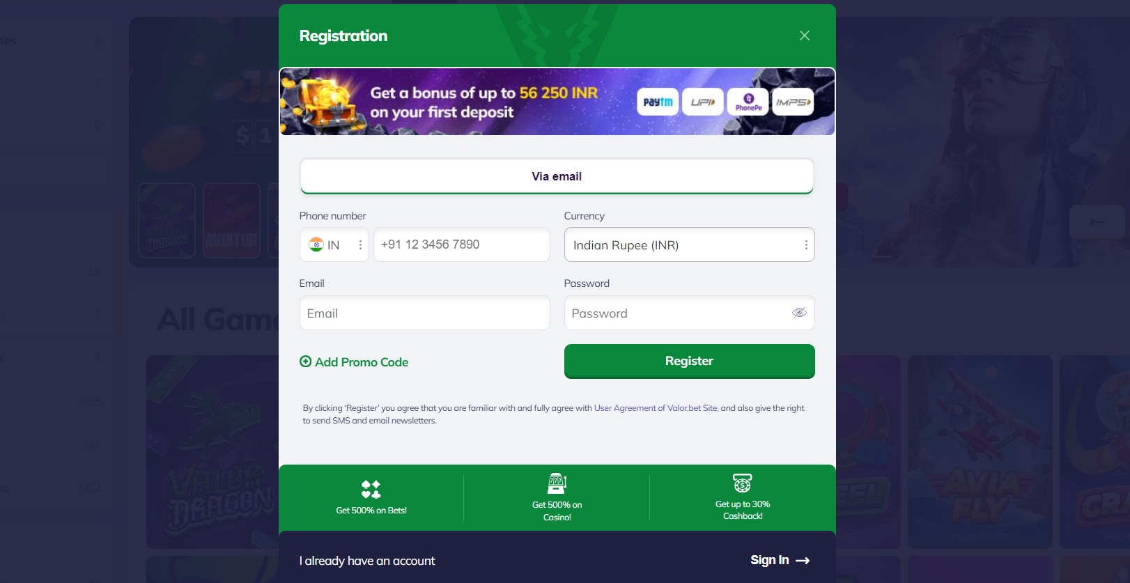 Registration at Valor bet casino